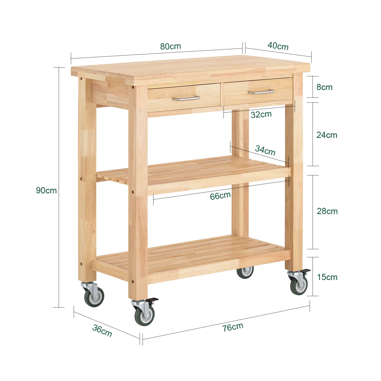 SoBuy FKW24-N serving trolley Rubber Wood Kitchen Trolley Kitchen Rack B80xT40xH90cm B80xT40xH90cm