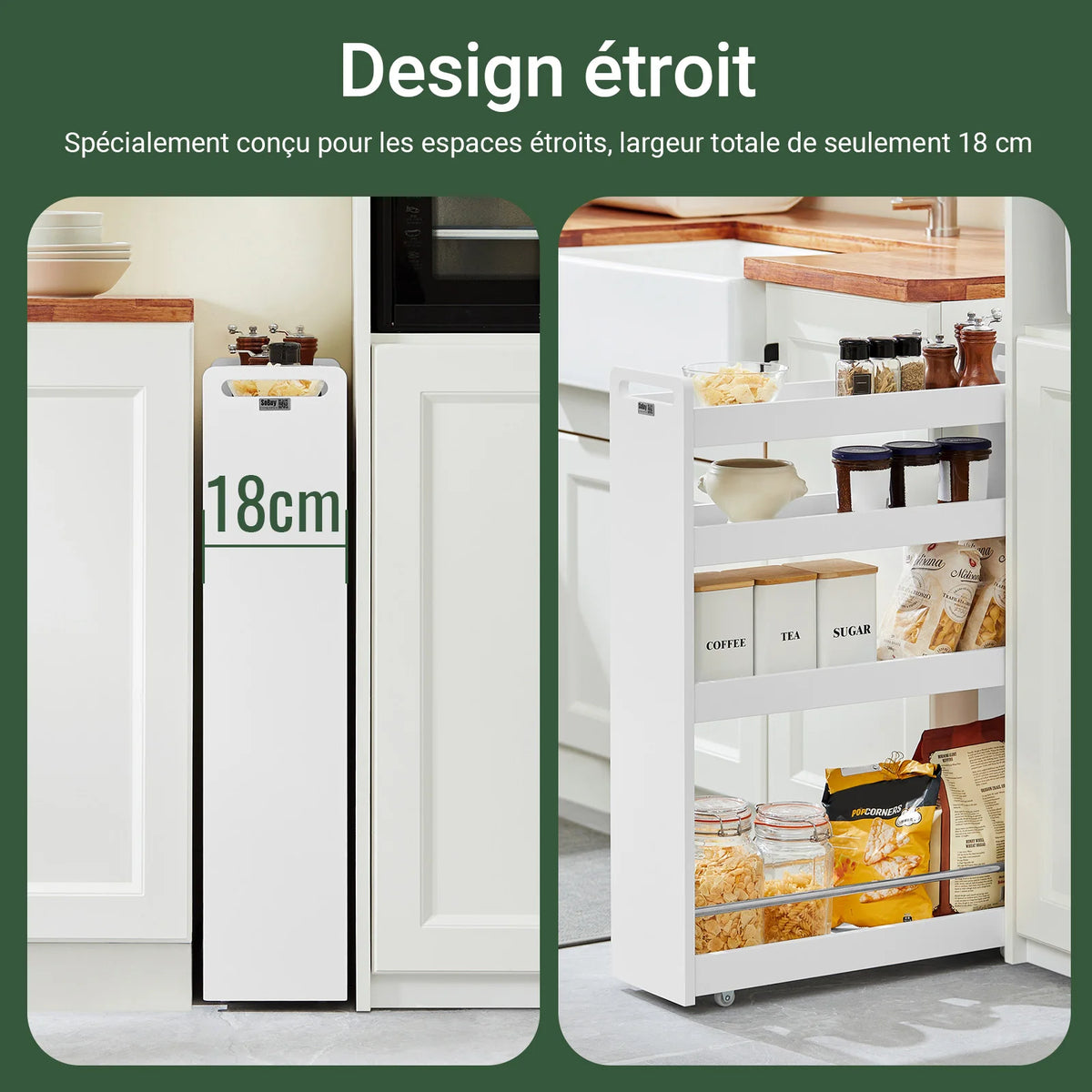 SoBuy NSR01-W niche rack with 4 floors kitchen shelf with wheels bathroom trolley order car trolley White BHT approx.:18x82x60cm