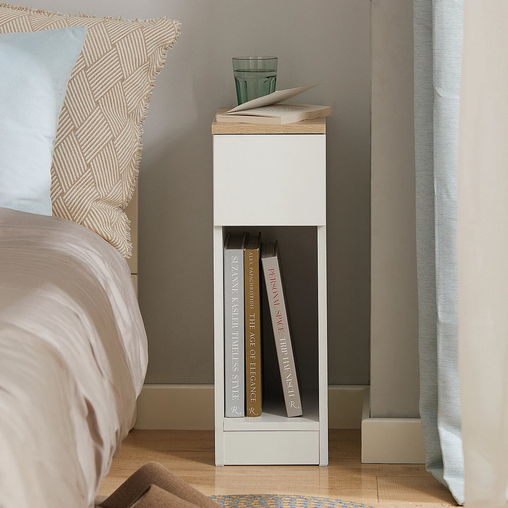 SoBuy FBT111-WN bedside table narrow with drawer and storage Nightstand for Bedroom living room White 20x35x60 cm