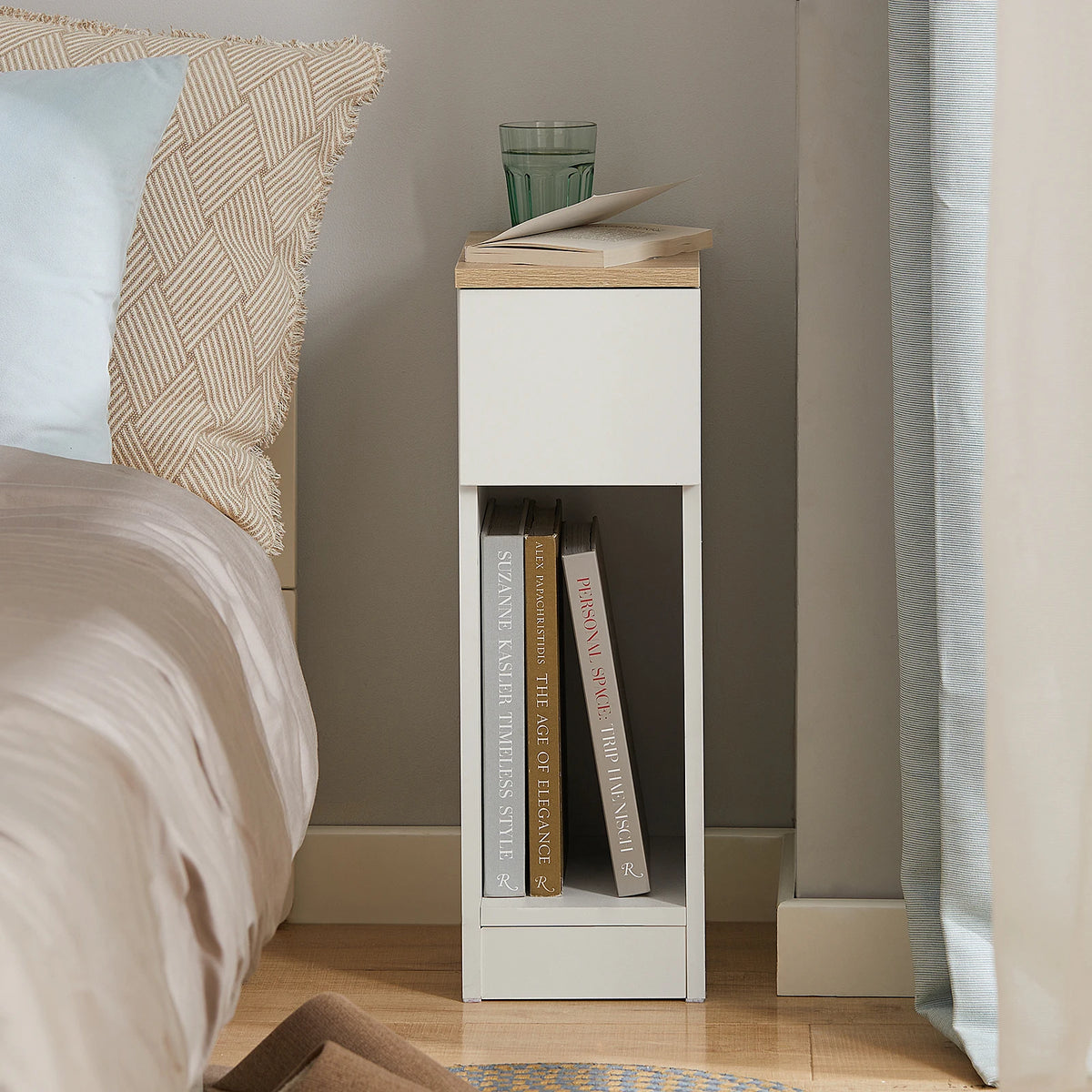 SoBuy FBT111-WN bedside table narrow with drawer and storage Nightstand for Bedroom living room White 20x35x60 cm