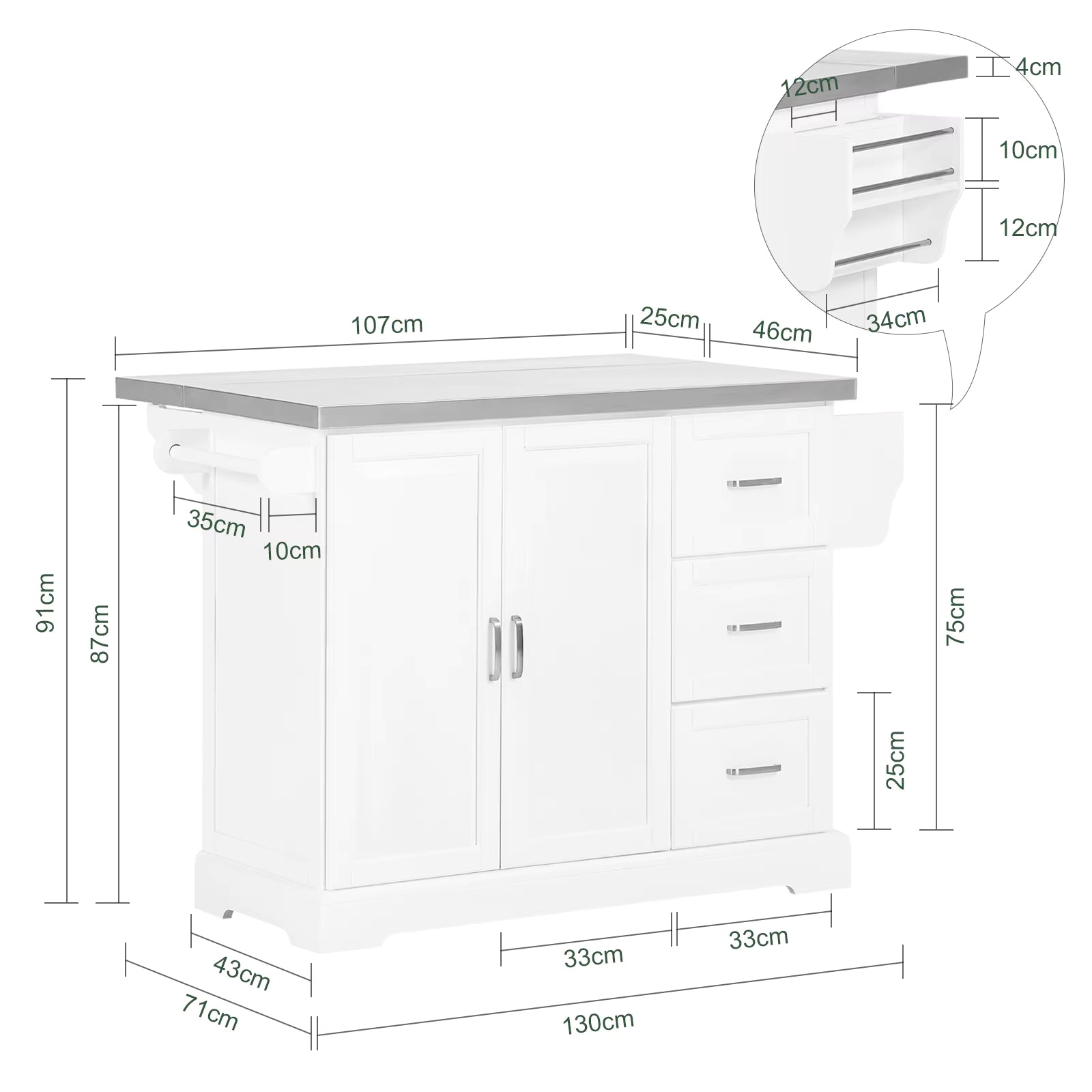 SoBuy FKW41 luxury kitchen cart with stainless steel plate kitchen wardrobe with 4 hidden reels sideboard with expandable