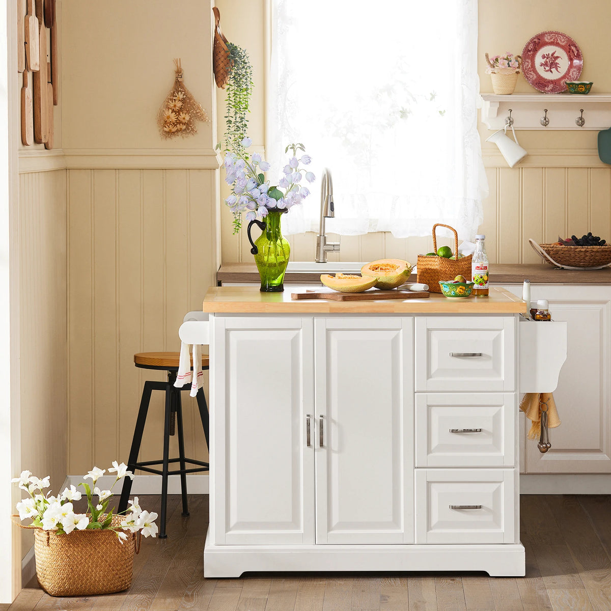 SoBuy FKW41 luxury kitchen cart with stainless steel plate kitchen wardrobe with 4 hidden reels sideboard with expandable