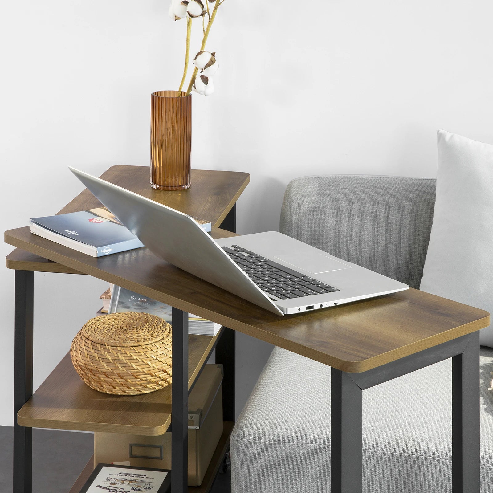 SoBuy FWT83 L-shaped side table with 2 shelves Sofa table with wheels corner desk worktable industrial design