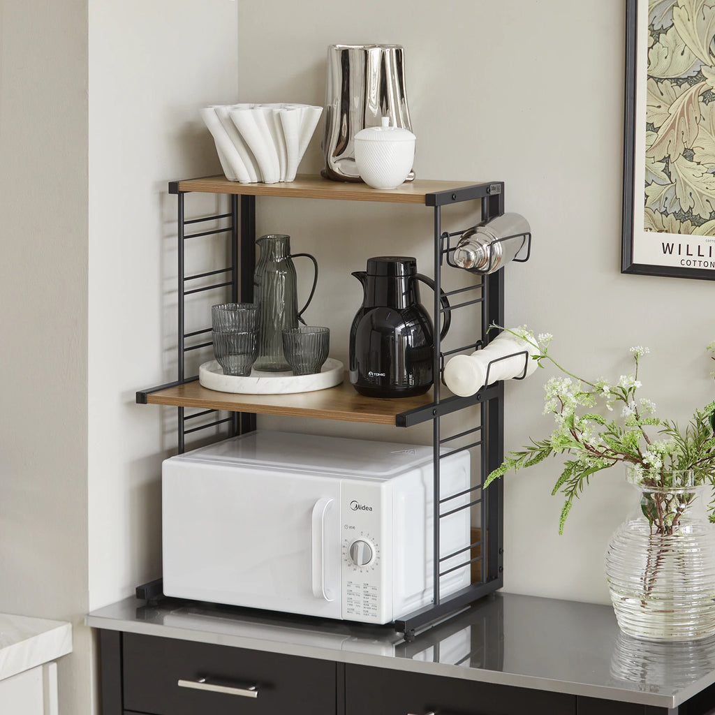 SoBuy KCR08-PF Microwave Holder Shelf Kitchen Shelf with 2 Shelves and 2 Bottle Holders Mini Shelf Industrial Design