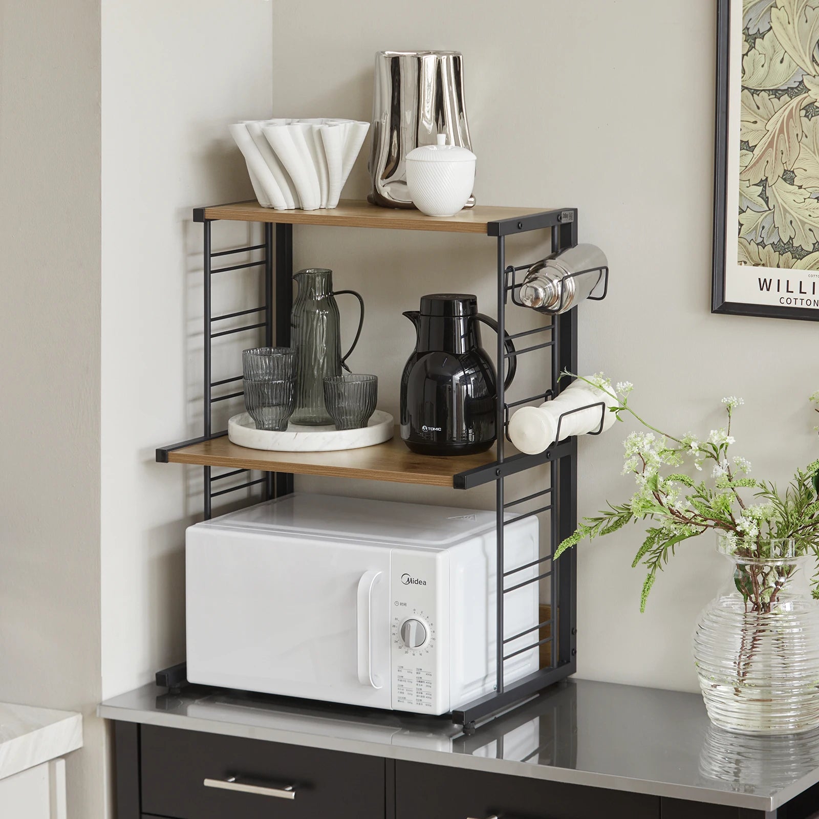 SoBuy KCR08-PF Microwave Holder Shelf Kitchen Shelf with 2 Shelves and 2 Bottle Holders Mini Shelf Industrial Design