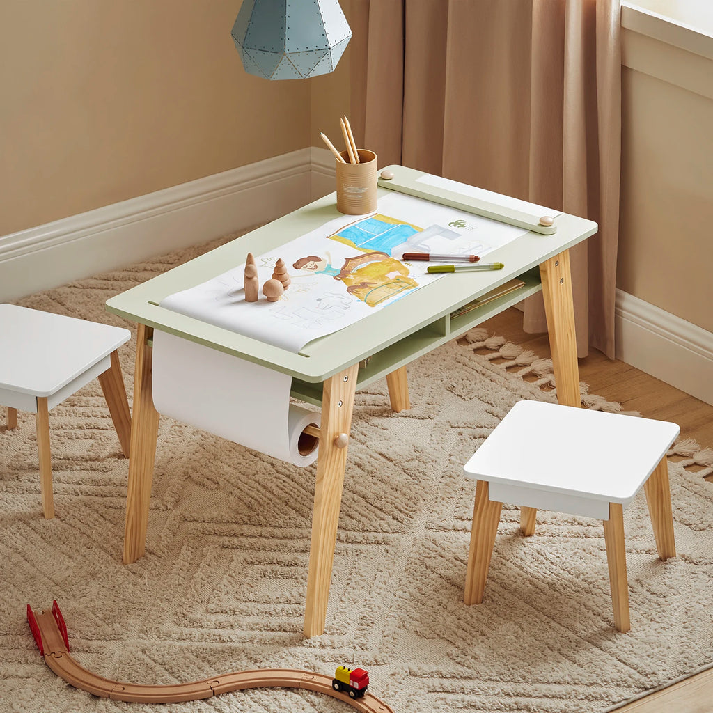 SoBuy KMB92-GR Children's table with 2 Chairs Child Seat Group with Storage Space for Children Child Seat Group Children White Green