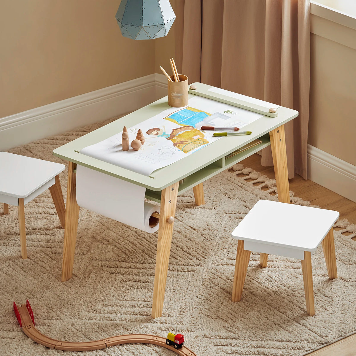 SoBuy KMB92-GR Children's table with 2 Chairs Child Seat Group with Storage Space for Children Child Seat Group Children White Green