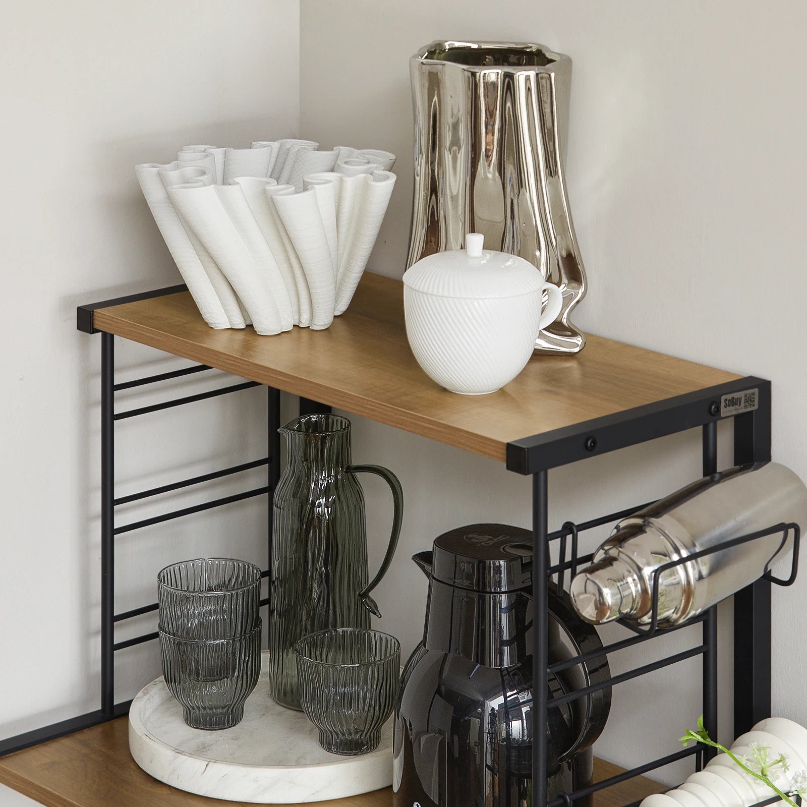 SoBuy KCR08-PF Microwave Holder Shelf Kitchen Shelf with 2 Shelves and 2 Bottle Holders Mini Shelf Industrial Design