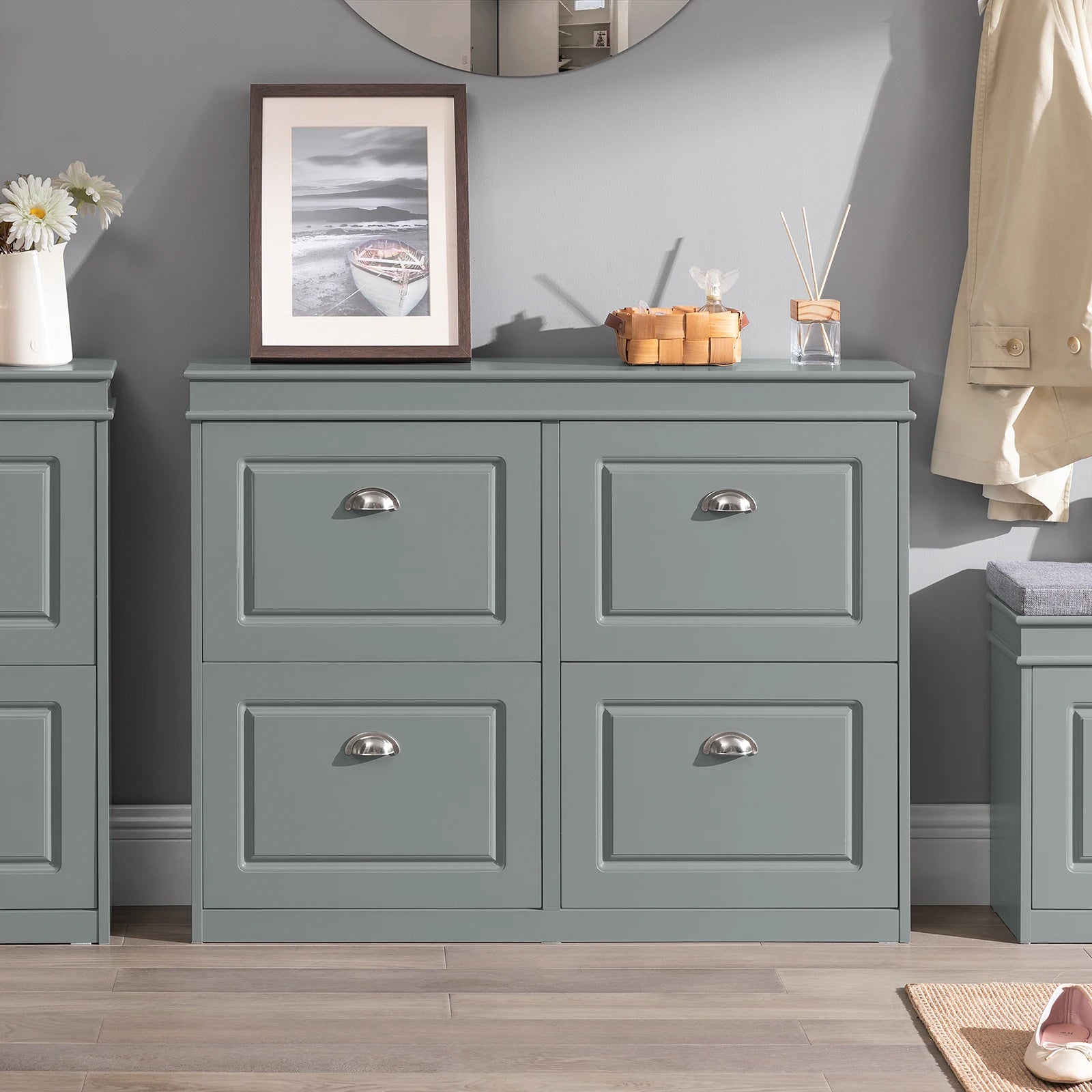 SoBuy FSR79 Shoe Cabinet with 4 flaps, Narrow Shoe Dumpster with 8 shelves, Adjustable shoe rack for hallway, 105x82x24