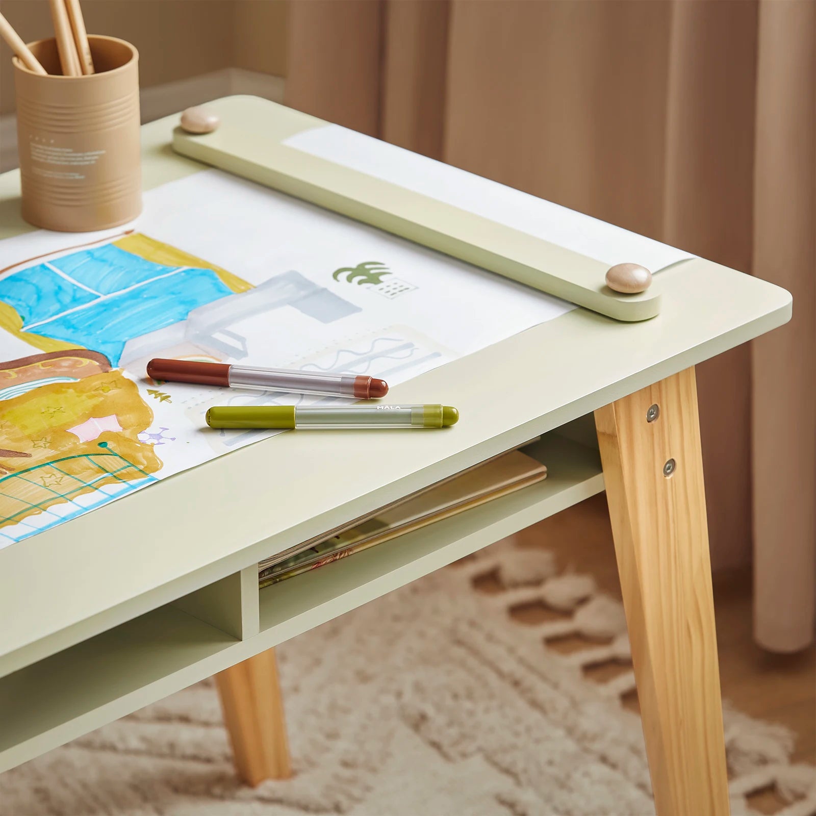SoBuy KMB92-GR Children's table with 2 Chairs Child Seat Group with Storage Space for Children Child Seat Group Children White Green