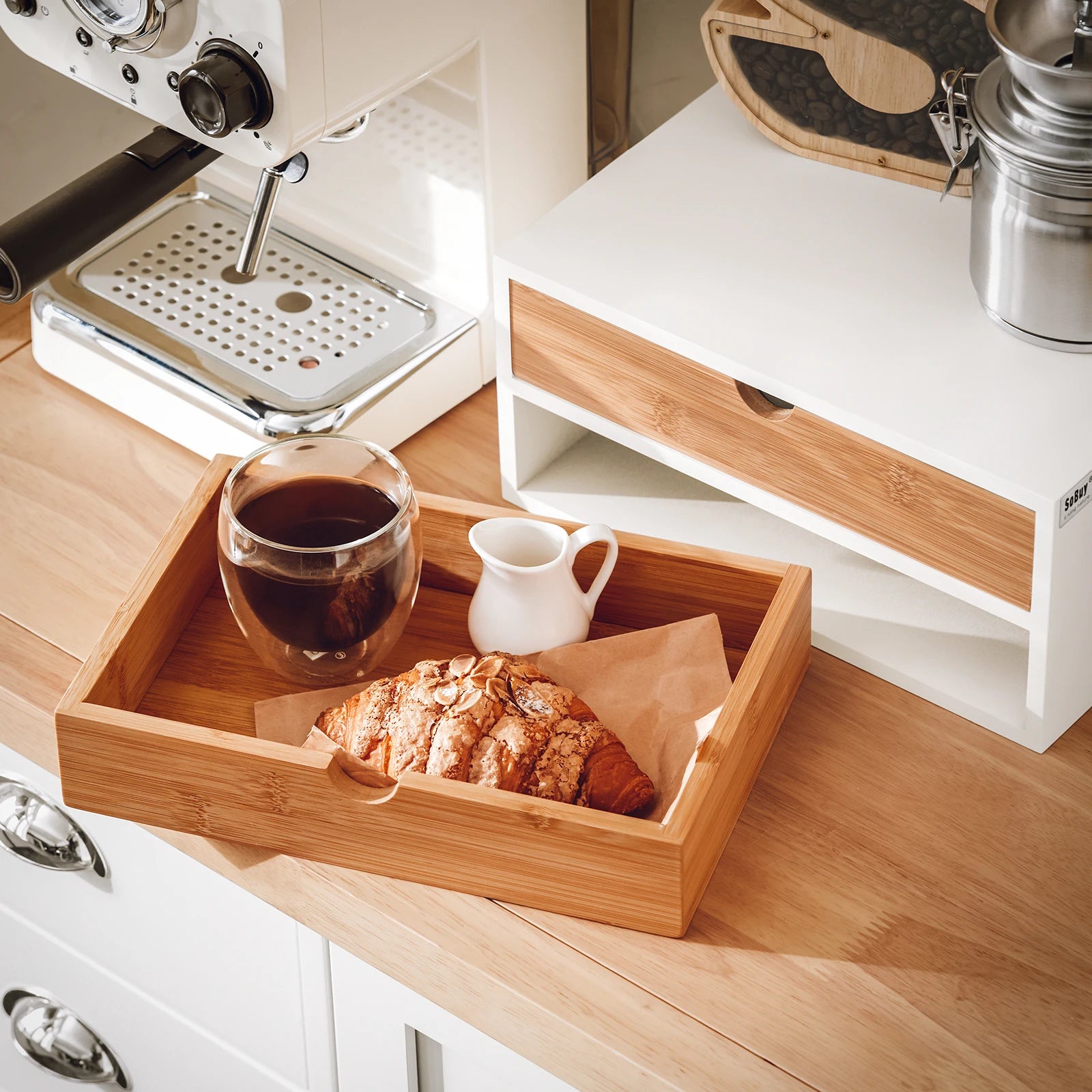 SoBuy®FRG180-WN coffee capsule box made of MDF and bamboo capsule dispenser capsule stand with 2 drawers storage box