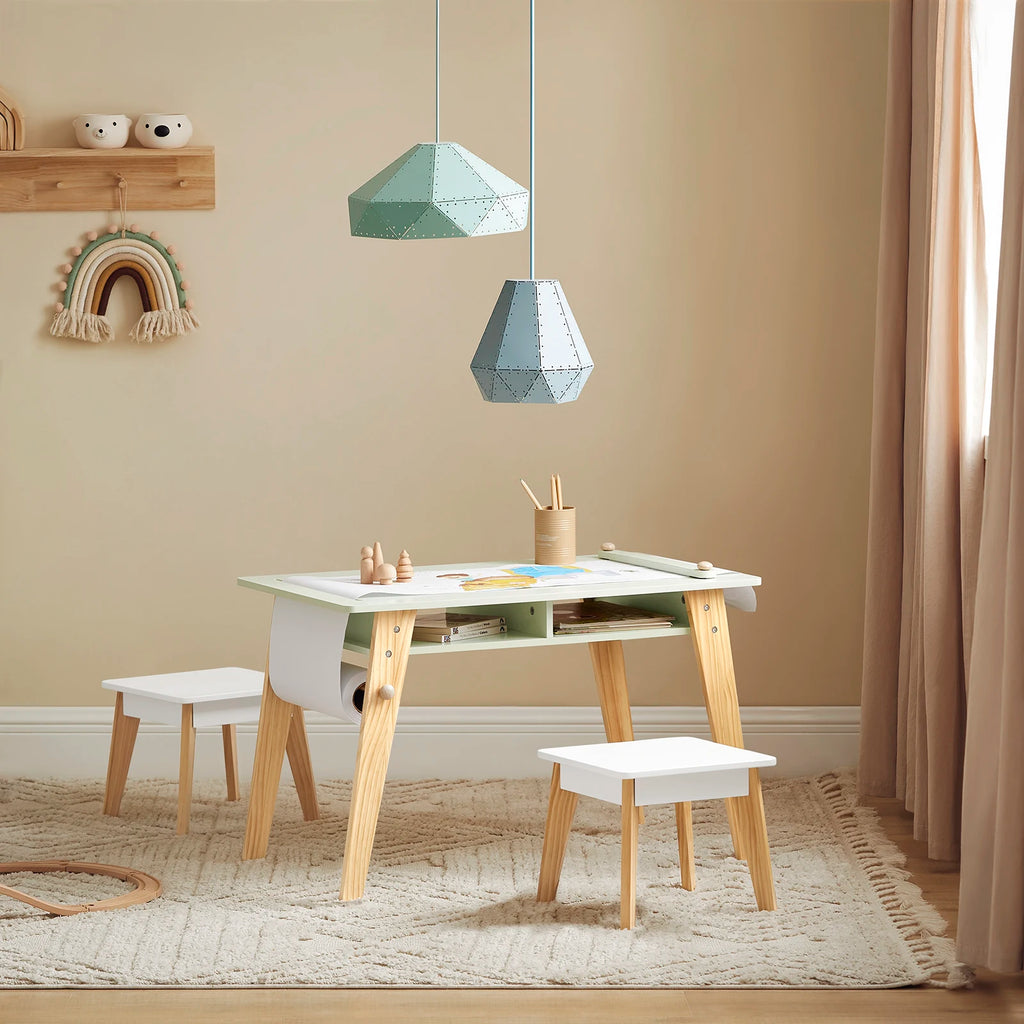 SoBuy KMB92-GR Children's table with 2 Chairs Child Seat Group with Storage Space for Children Child Seat Group Children White Green