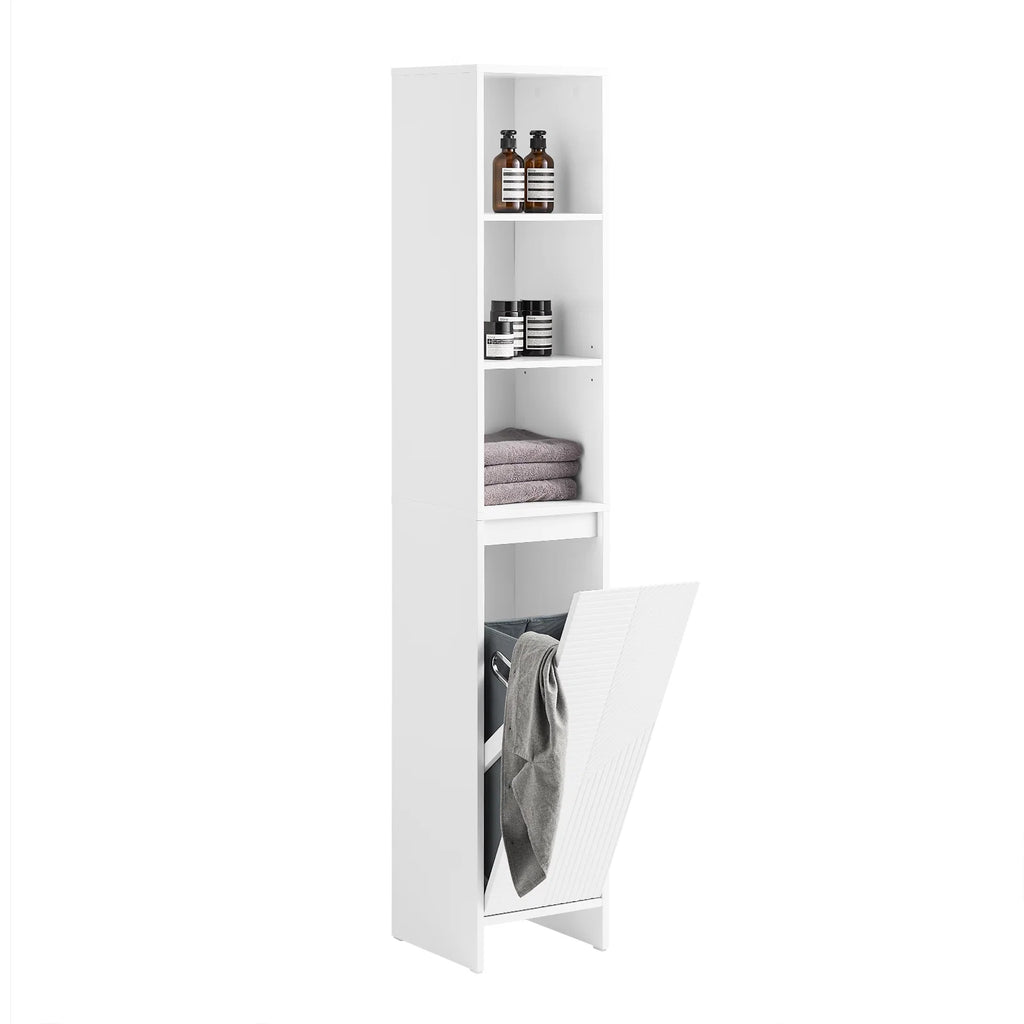 SoBuy BZR158-W Bathroom Cabinet High with laundry basket & Adjustable MDF Shelves, Open Shelves for Small 30x170x30cm