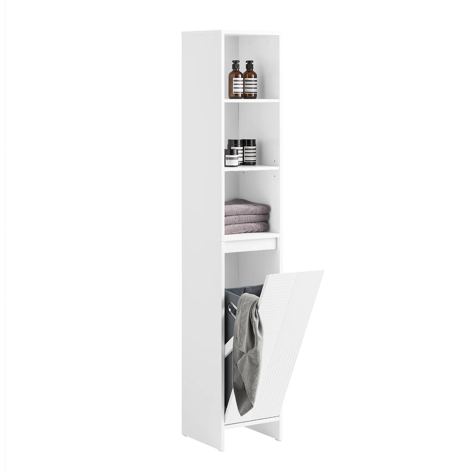 SoBuy BZR158-W Bathroom Cabinet High with laundry basket & Adjustable MDF Shelves, Open Shelves for Small 30x170x30cm
