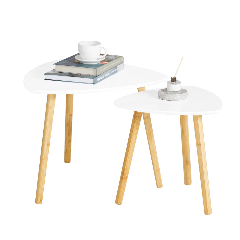 SoBuy FBT74-W Set of 2 side tables with shelves, coffee table, sofa table, nesting tables, bamboo, white/natural