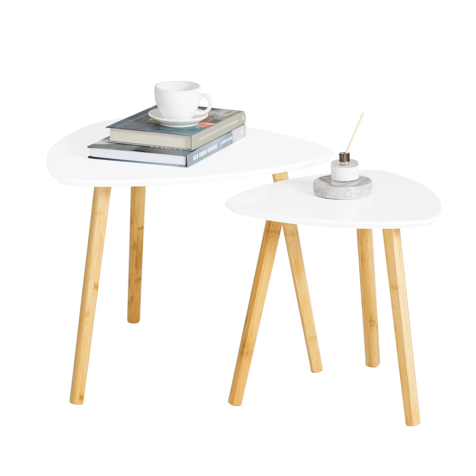SoBuy FBT74-W Set of 2 side tables with shelves, coffee table, sofa table, nesting tables, bamboo, white/natural