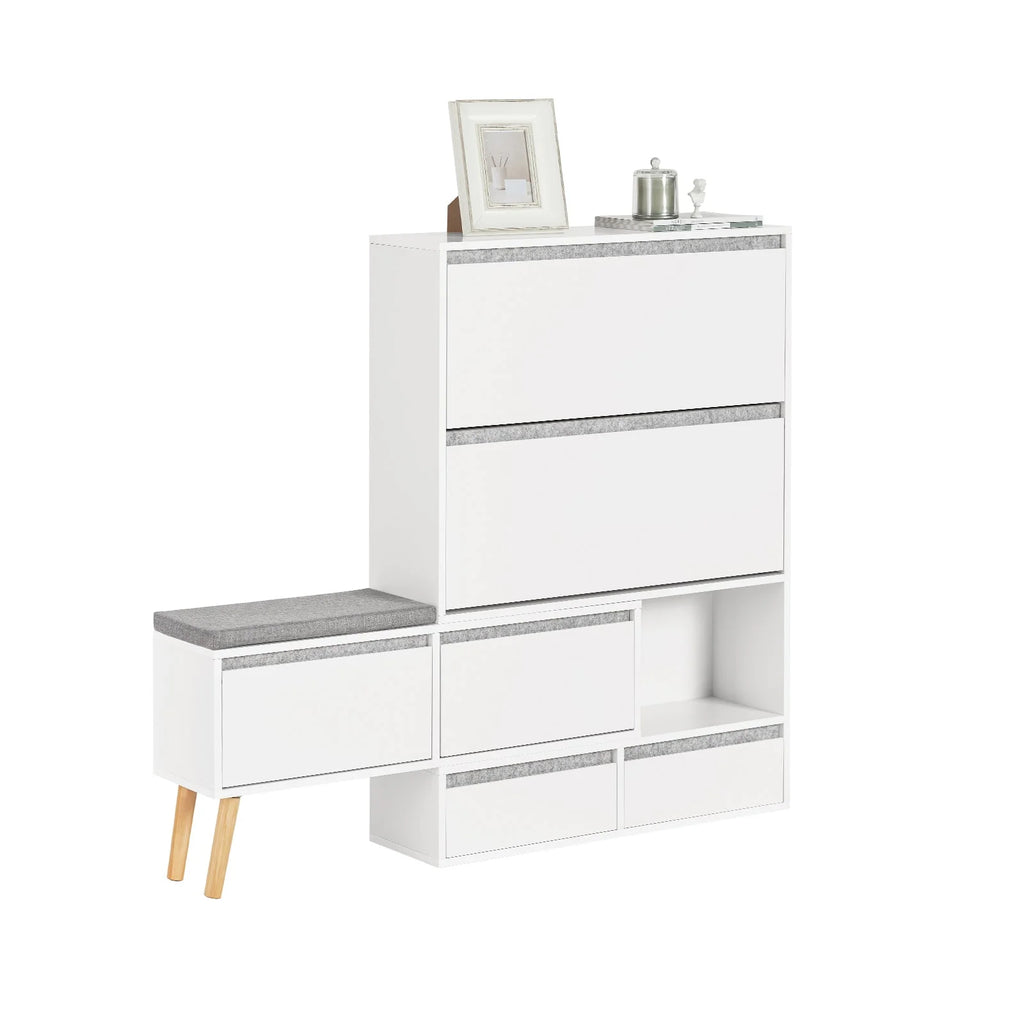 SoBuy FSR134-W Shoe dump truck Shoe shelf with 2 flaps, 2 doors and 2 drawers Hallway cabinet with bench Shoe bench with seat