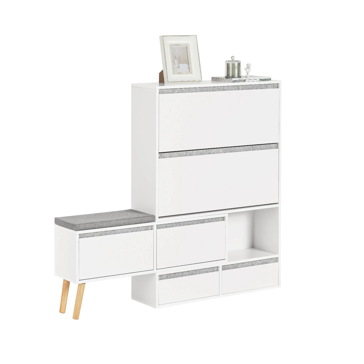 SoBuy FSR134-W Shoe dump truck Shoe shelf with 2 flaps, 2 doors and 2 drawers Hallway cabinet with bench Shoe bench with seat