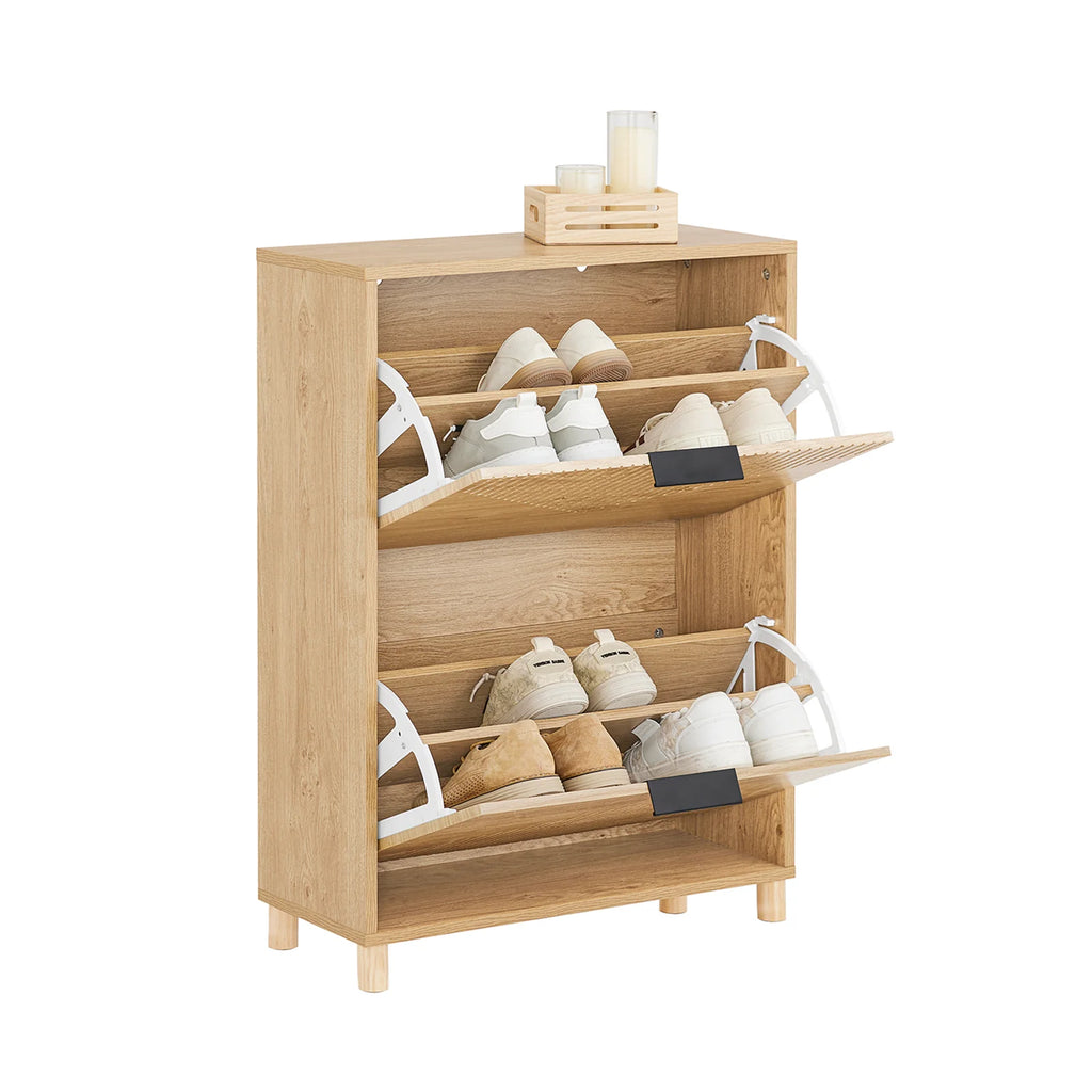 SoBuy FSR200-II-N narrow shoe rack for the hallway, tilting shoe cabinet with a wood-look finish, shoe cabinet with tip-over protection for 8 pairs of shoes, closed shoe rack, small chest of drawers, shoe cabinet W60xH83xD24