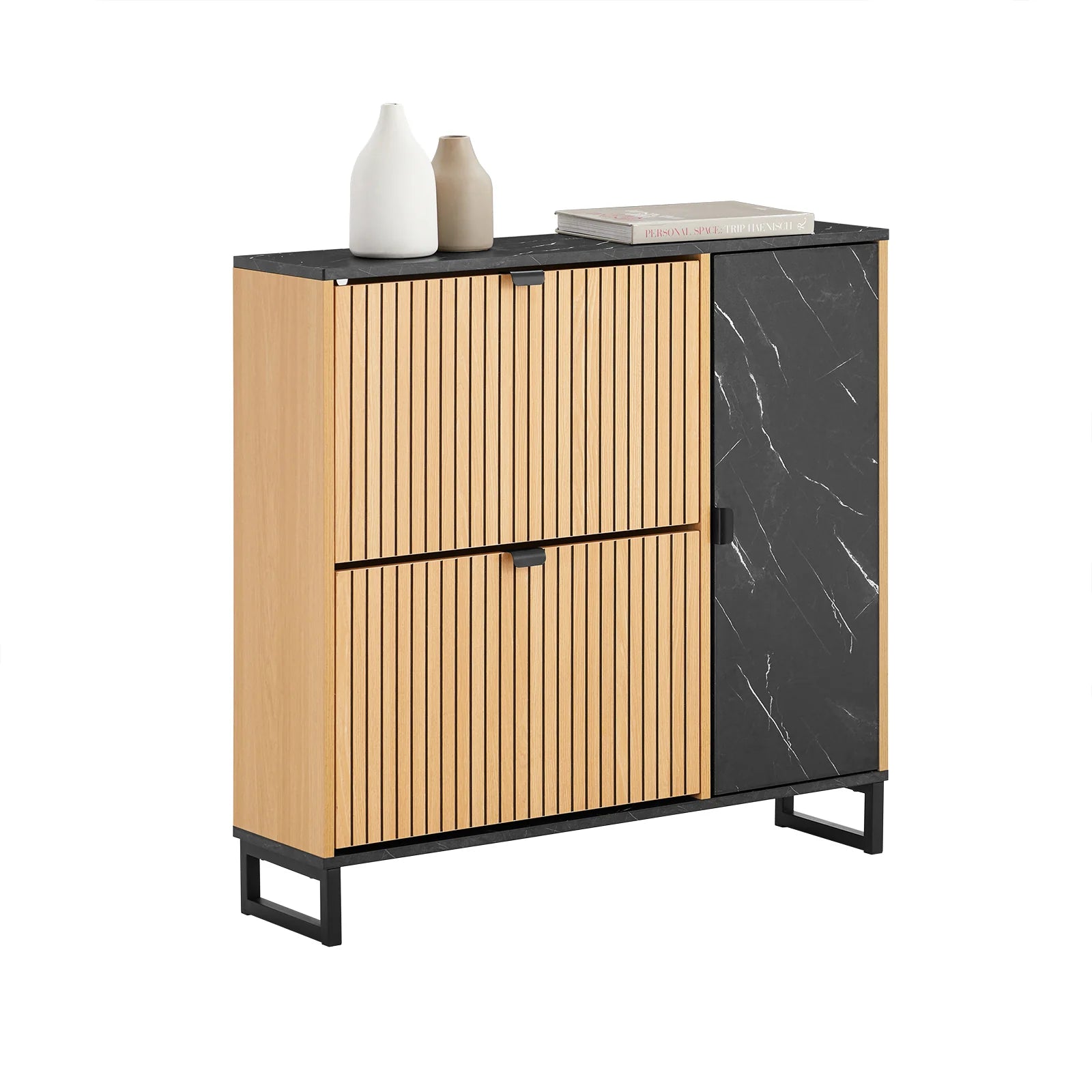 SoBuy FSR203-N narrow wardrobe with 2 flaps, space-saving shoe tilting unit for the hallway, black wardrobe with marble and wood, chest of drawers for shoes, wardrobe with storage space, 60kg load capacity, 90x88x24 cm