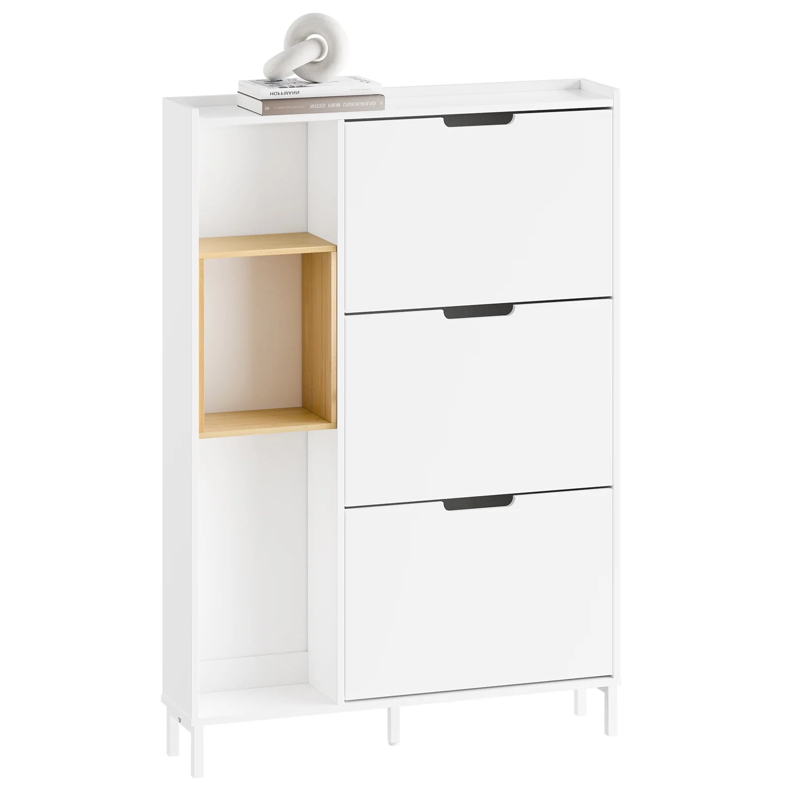 SoBuy FSR209-WN Shoe Cabinet Narely White Bamboo Shoe Dumpster with 3 Flap Open Wooden Frame Space Saving Design 90x19x129.5cm