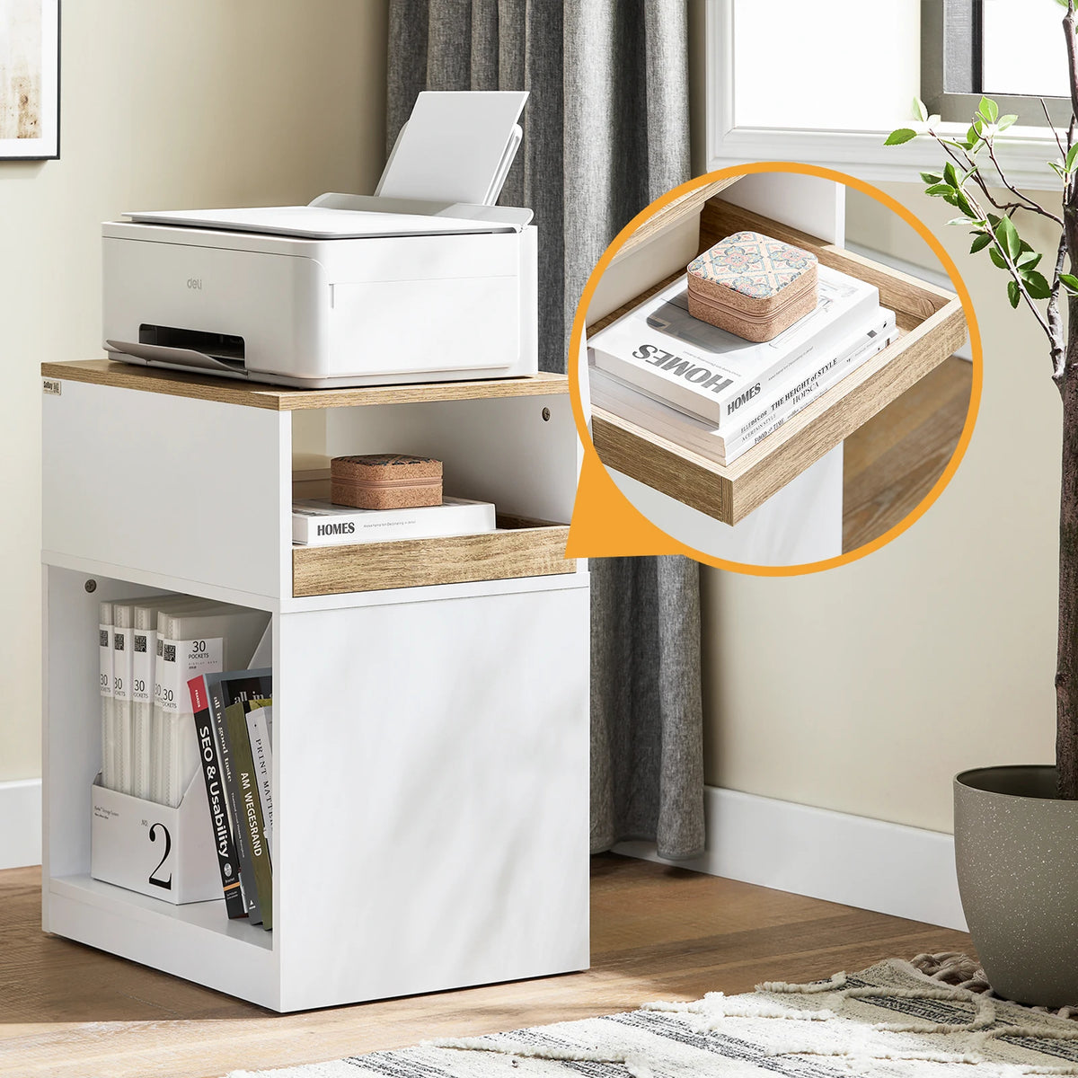 SoBuy ASK08-WN table with Rolls Hidden Rolls 3 hand fan Roll Container desk for office White Nature 40x65x50cm