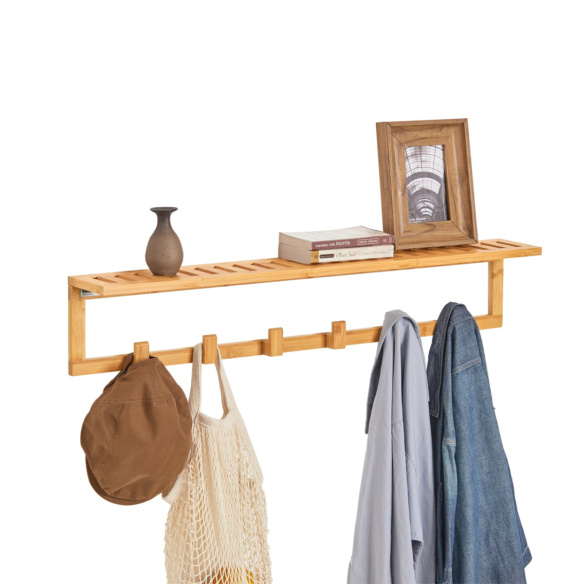 SoBuy FHK06-N Hallway wardrobe bathroom shelf Wall wardrobe with 6 hooks and storage towel holder made of bamboo BHT CA: 90x16.5x12.5 cm
