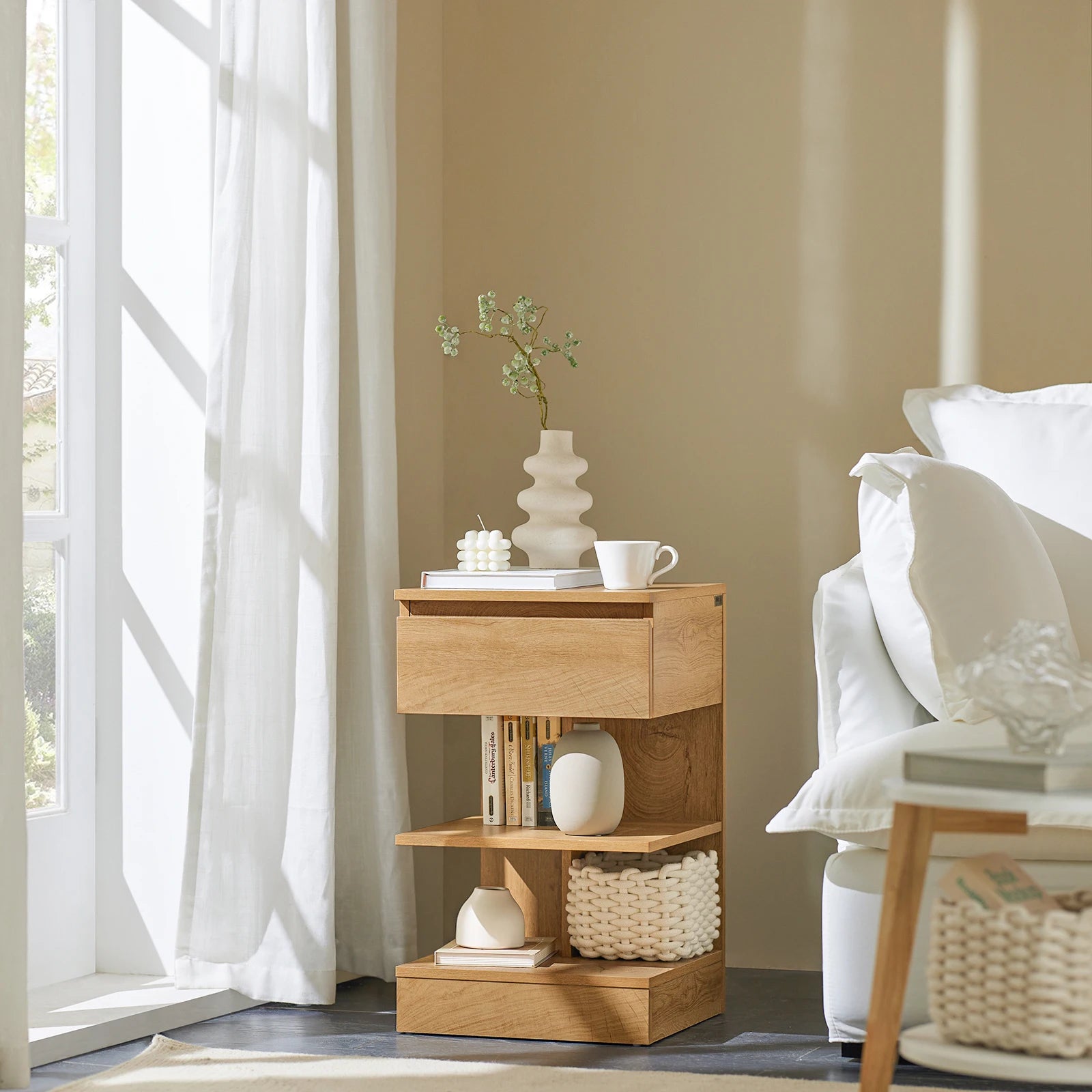 SoBuy FBT49 side table, bedside table, nightstand dresser with 1 drawer and 3 shelves, natural color, WDH approx. 39x65x39cm
