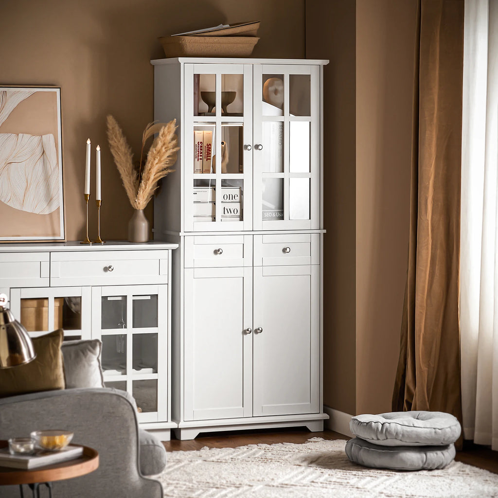SoBuy FSB76-W Kitchen wardrobe with glass doors High wardrobe storage s wardrobe with 6 compartments and 2 drawers Buffet White 75x175x40c