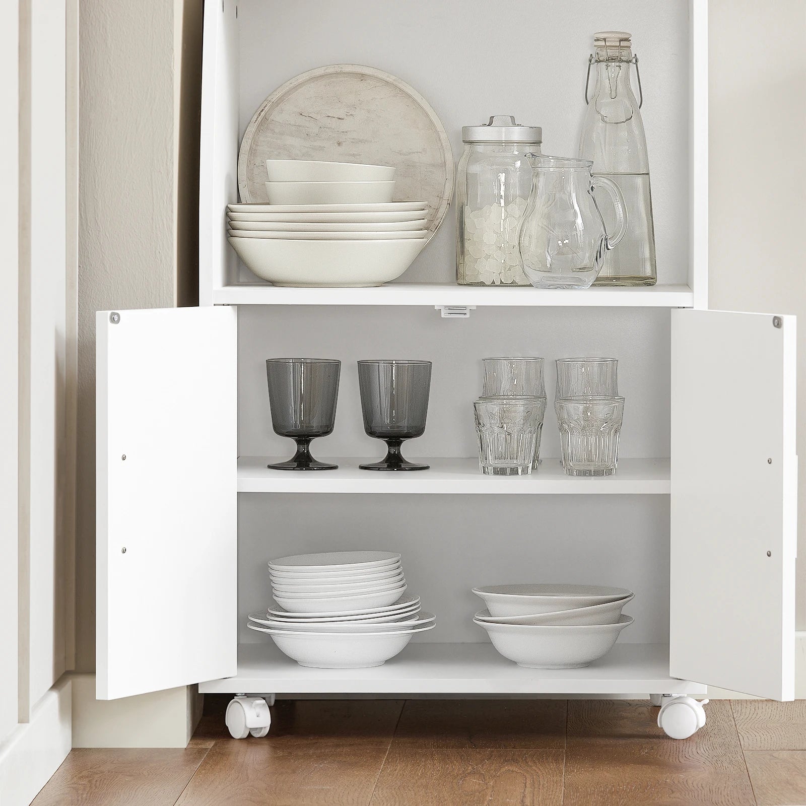 SoBuy FRG241-W Kitchen wardrobe Kitchen Trolley Roll wardrobe Beverage Trolley Microwave wardrobe with 2 shelves and 2 doors
