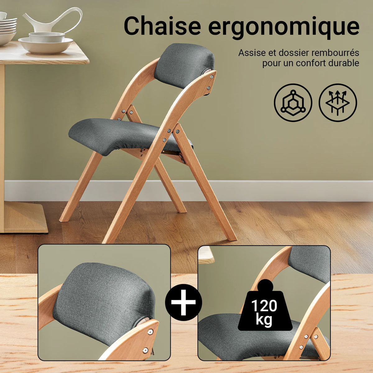 SoBuy FST92-SG Wood Upholstered Folding Chair Ergonomic kitchen Dining Room Foldable Space Saving Assembled kitchen Balcony office Dark Grey 47.5x77x59cm