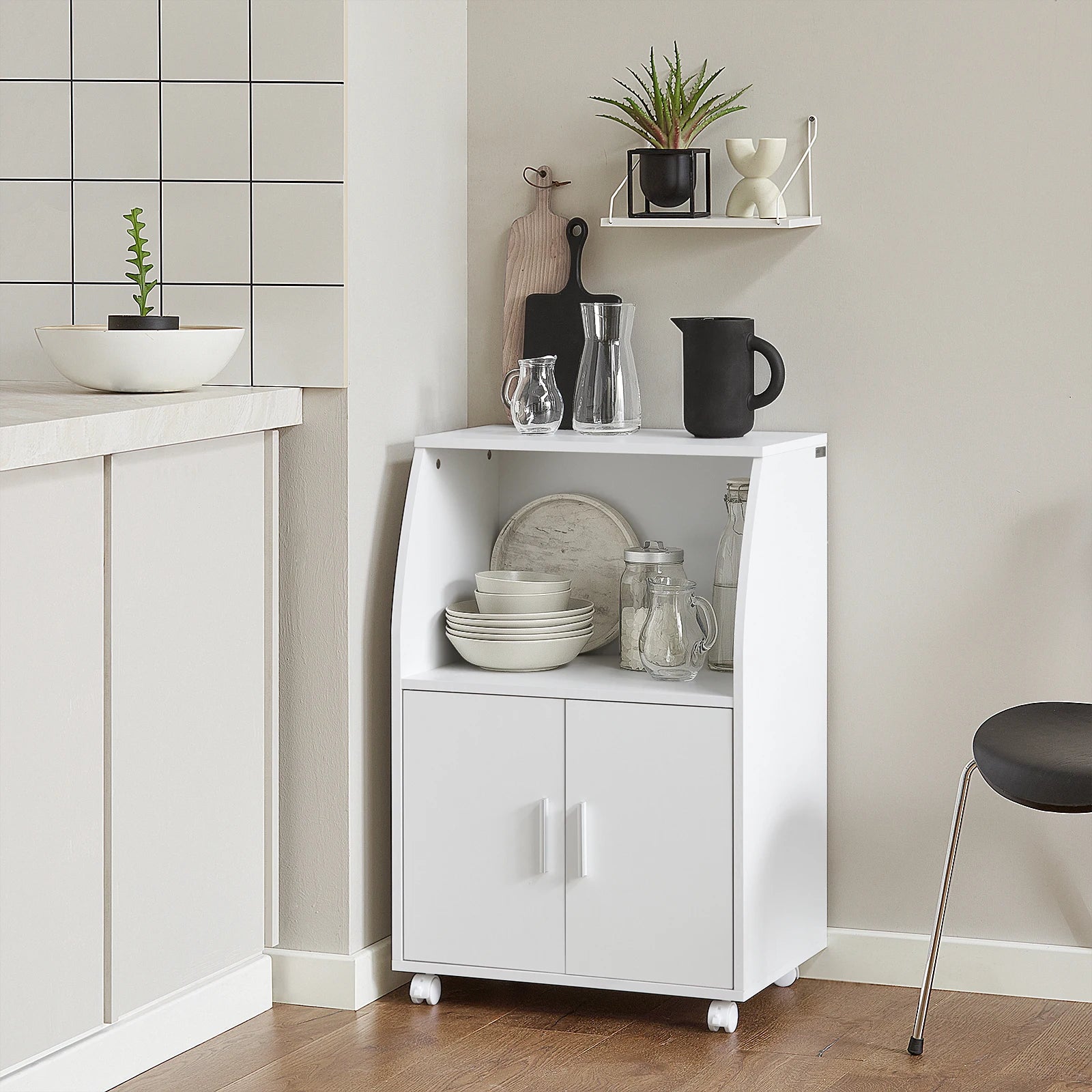 SoBuy FRG241-W Kitchen wardrobe Kitchen Trolley Roll wardrobe Beverage Trolley Microwave wardrobe with 2 shelves and 2 doors