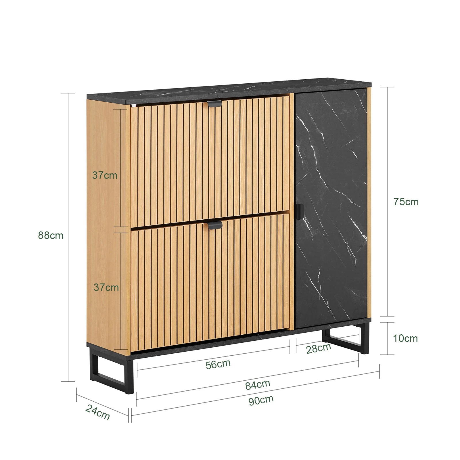 SoBuy FSR203-N narrow wardrobe with 2 flaps, space-saving shoe tilting unit for the hallway, black wardrobe with marble and wood, chest of drawers for shoes, wardrobe with storage space, 60kg load capacity, 90x88x24 cm