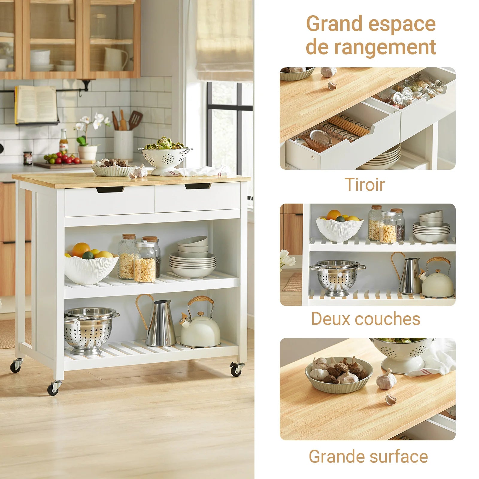 SoBuy FKW74-WN serving trolley with roller trolley kitchen kitchen shelf standing shelf kitchen White-natural 98x94x58CM