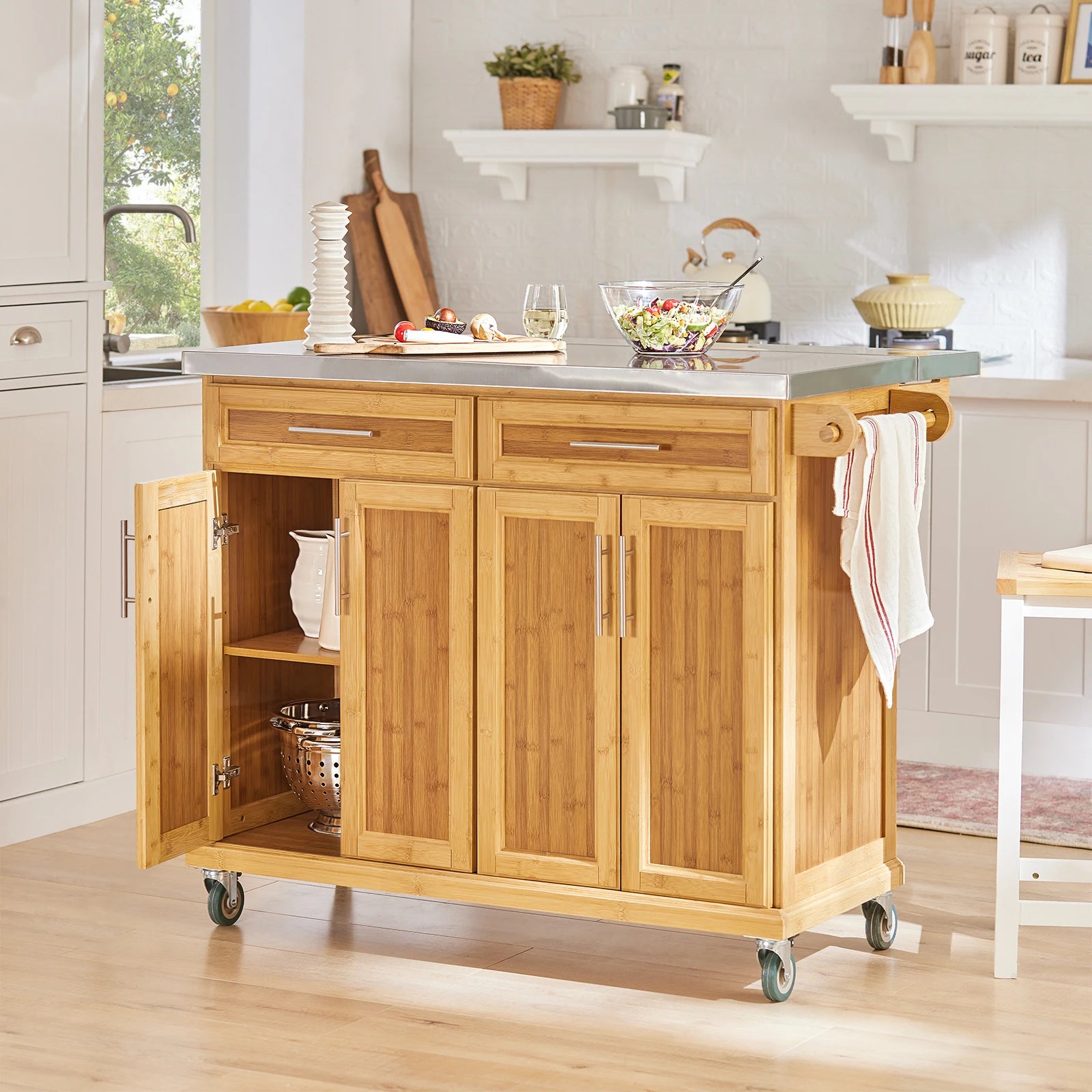 SoBuy FKW69-N Kitchen Island Kitchen Trolley with Expandable stainless steel Work plate Kitchen wardrobe serving trolley