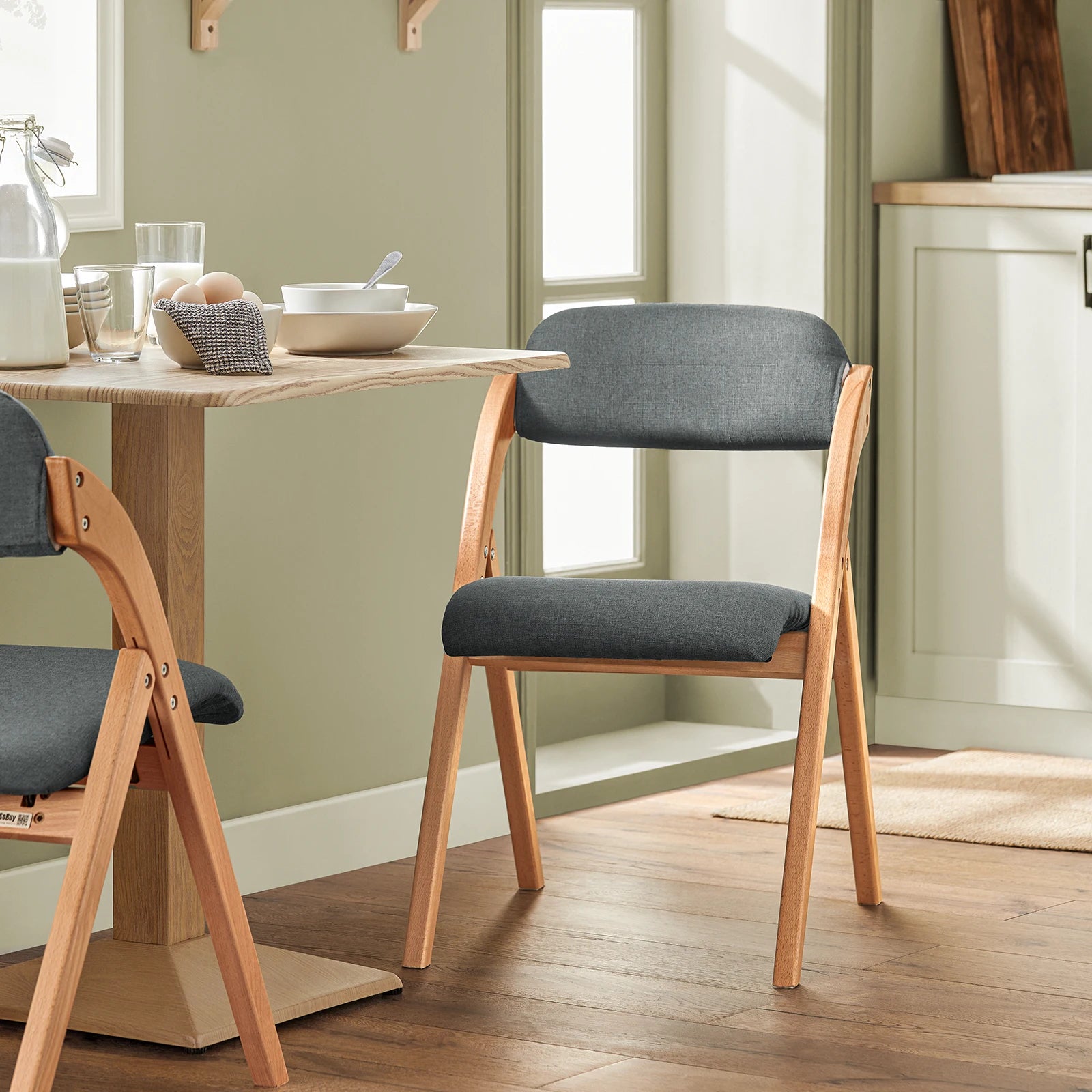 SoBuy FST92-SG Wood Upholstered Folding Chair Ergonomic kitchen Dining Room Foldable Space Saving Assembled kitchen Balcony office Dark Grey 47.5x77x59cm