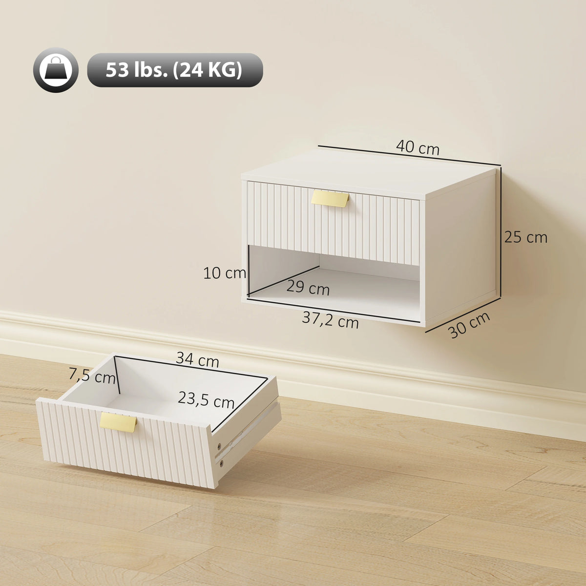 HOMCOM set of 2 Wall bedside table tables, hanging night tables with groove drawer and open shelf, 40x30x25 cm,