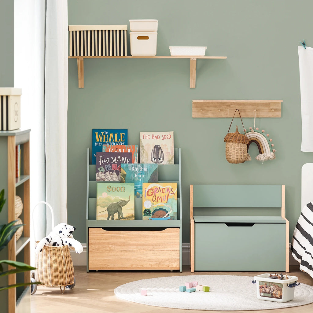 SoBuy KMB95-GR Children's Bookshelf with 4 Shelves and Removable toys chest Green Natural BHT approx. 62x80x30cm