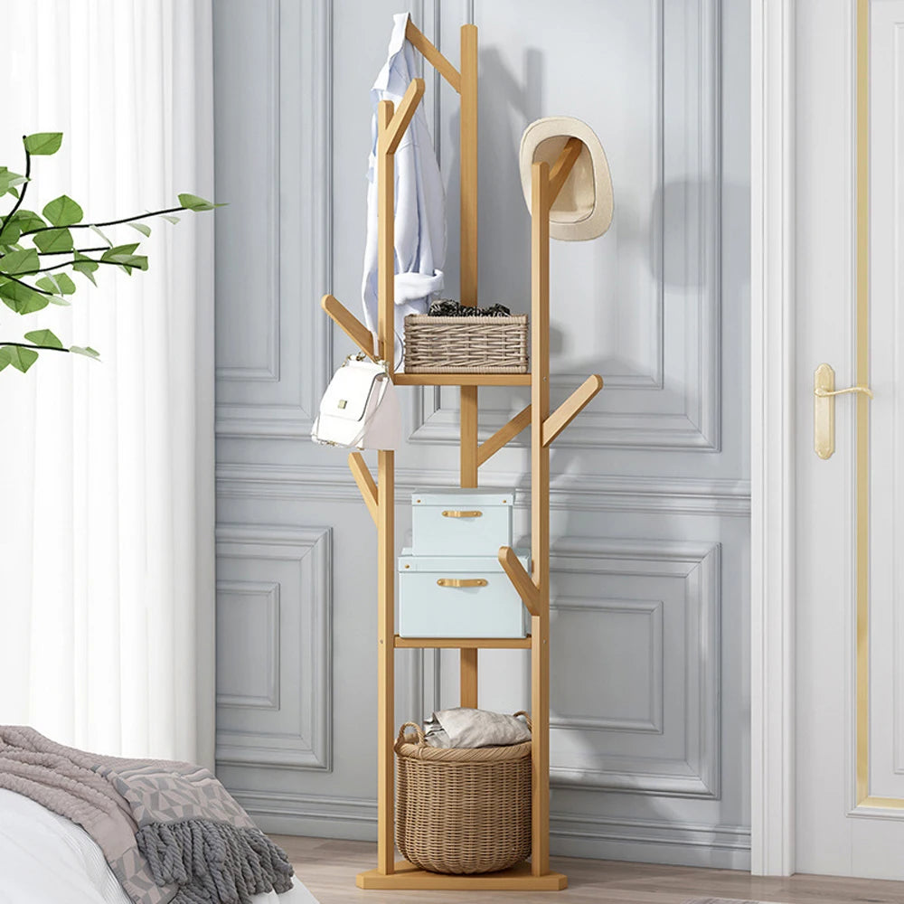 Freestanding Coat Rack with Square Base Wooden Clothes Stand with Storage Shelves for Entryway Bedroom Living Room and Hallway