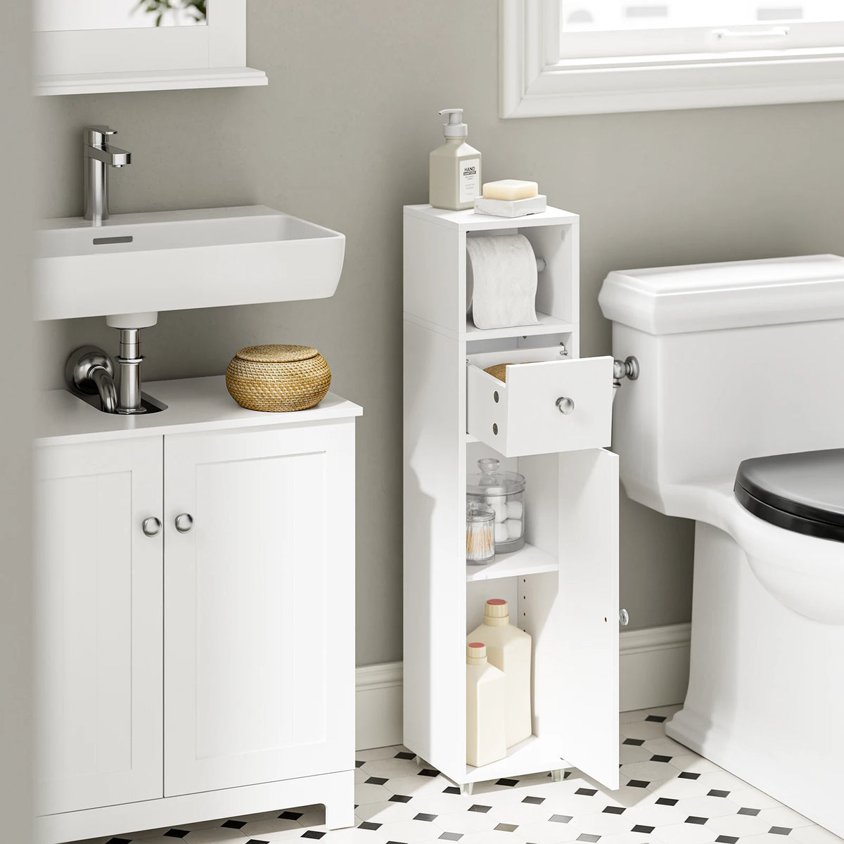 SoBuy BZR219-W Bathroom wardrobe Smalty 20cm Toilet Paper wardrobe Drawer & Paper Roll Holder bathroom Side wardrobe Standing Small Niches Shelf Wc & bathroom White