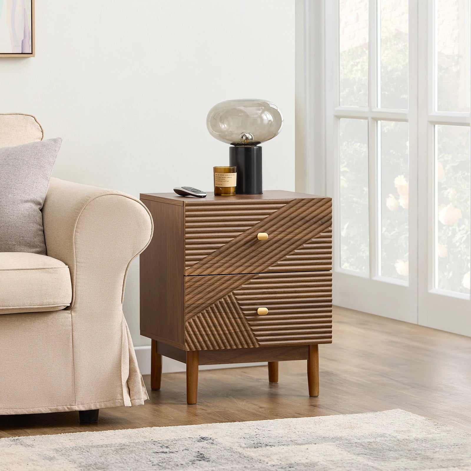 SoBuy FBT170-N vintage bedside table with 2 drawers, wood side table table with rubber tree wooden legs Brown 45 × 40 × 58