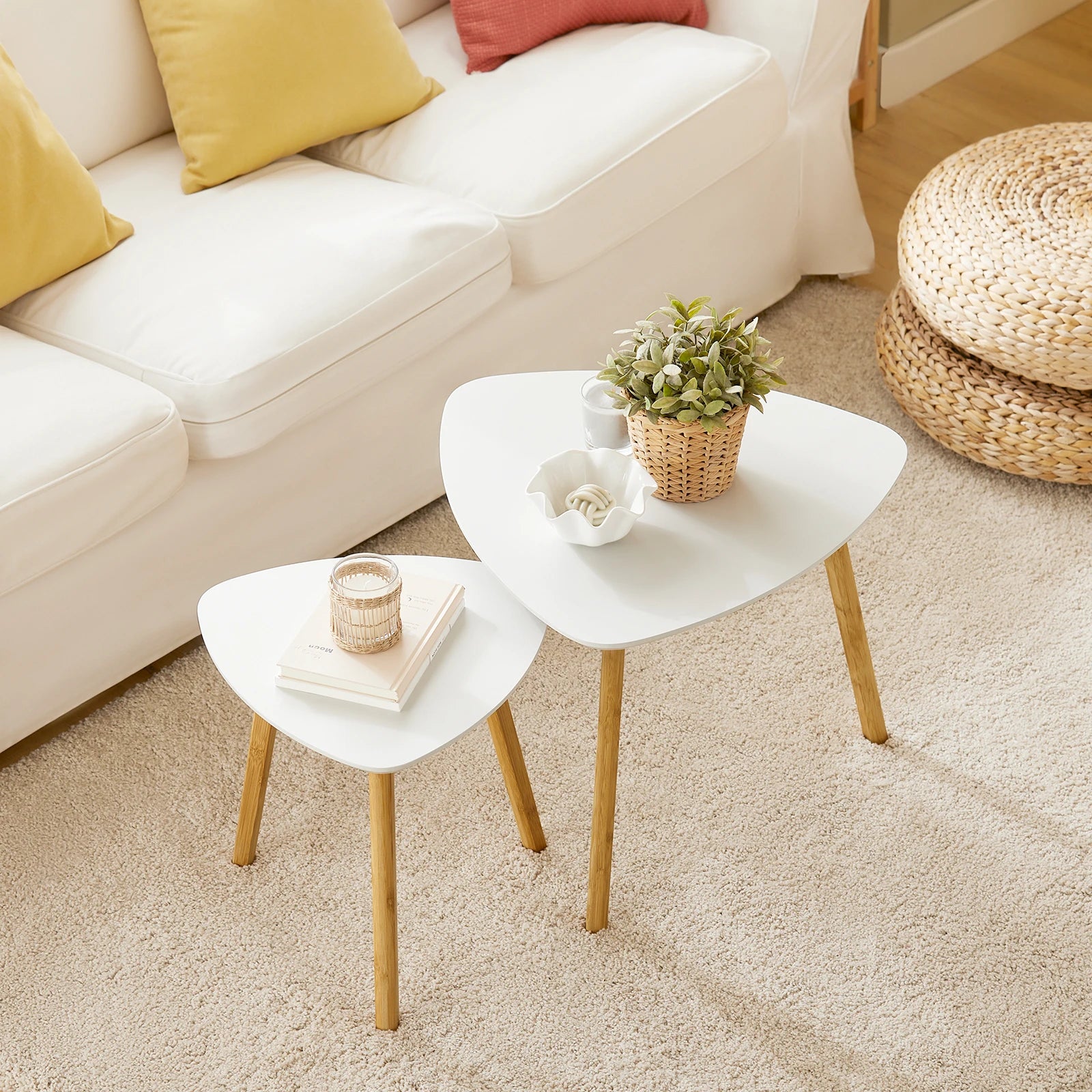 SoBuy FBT74-W Set of 2 side tables with shelves, coffee table, sofa table, nesting tables, bamboo, white/natural