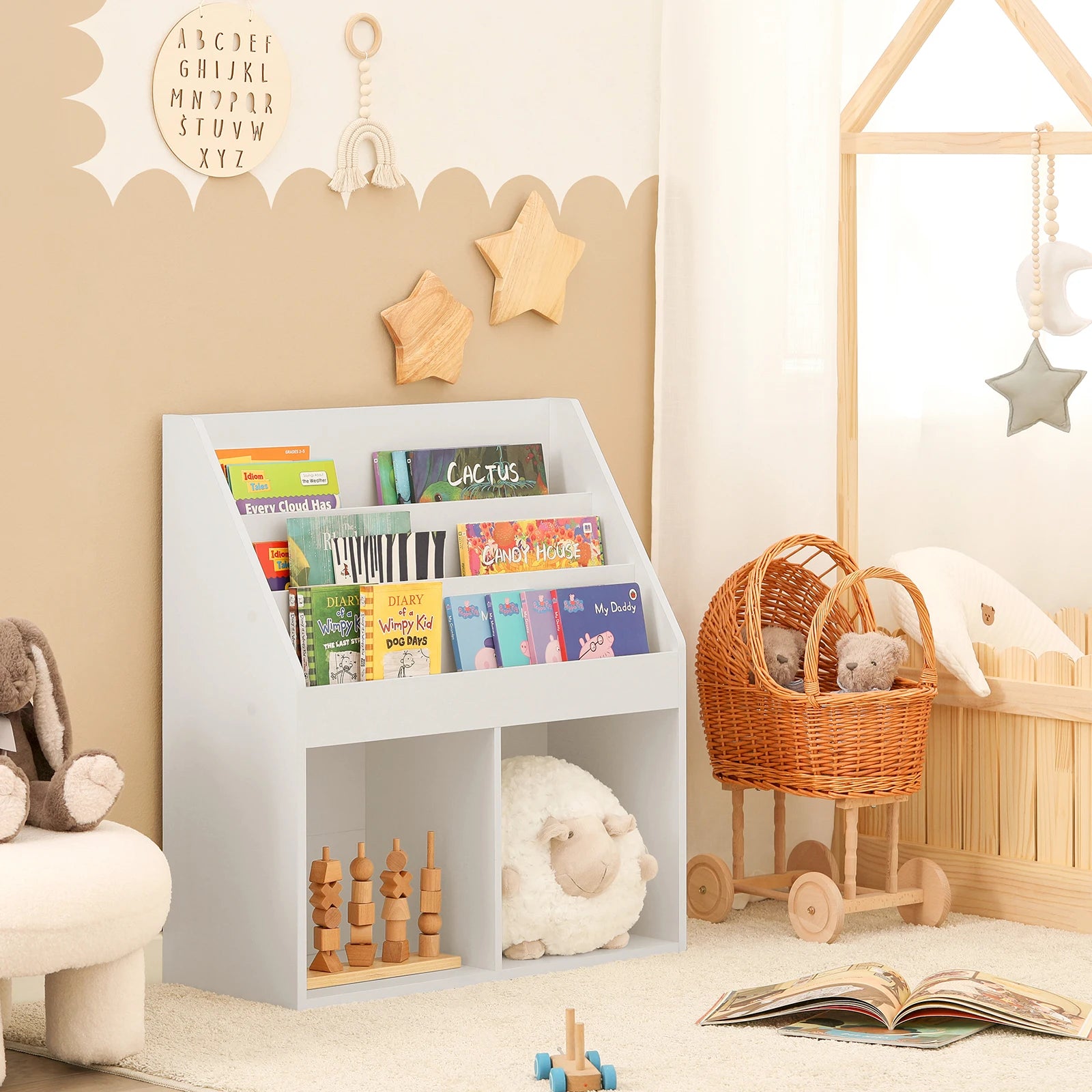 SoBuy KMB01 children's shelf with 3 storage compartments and 2 open compartments newspaper stand storage shelf White