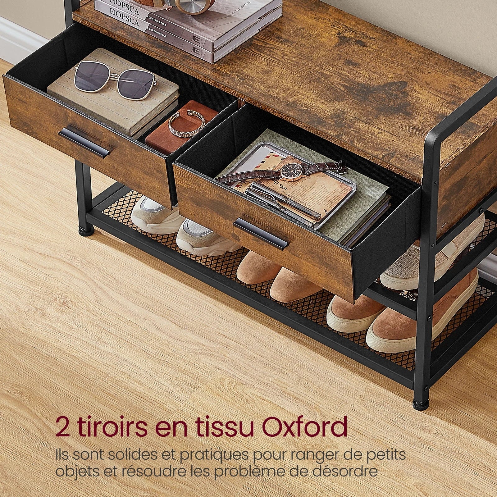 Entryway Coat Rack, with 10 Removable Hooks, 2 Drawers, Separable Design, 30 x 80.4 x 181.6 cm, Rustic Brown and Ink Black