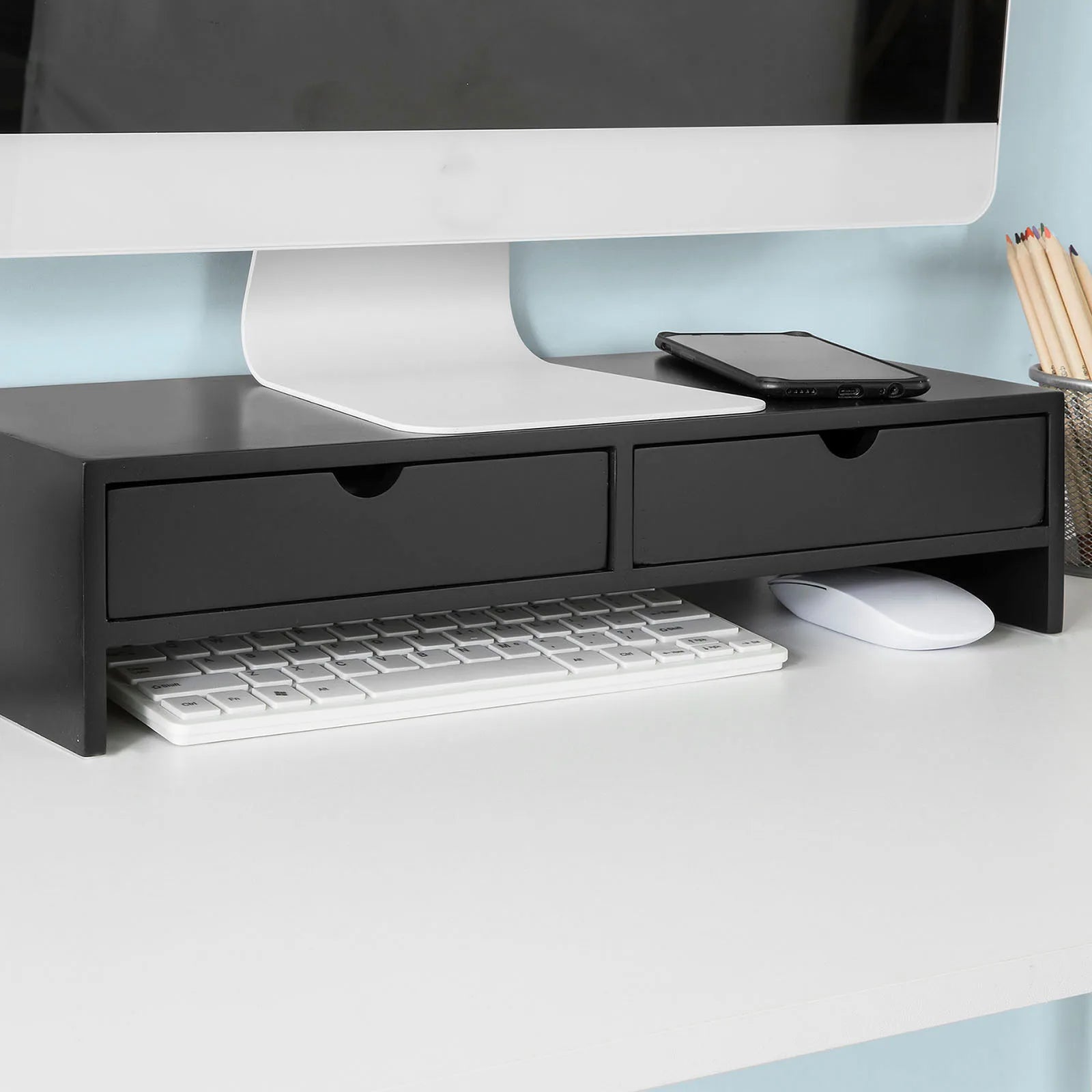 SoBuy BBF02 monitor screen stand, monitor riser with 2 drawers, WDH approx. 47x11x18cm