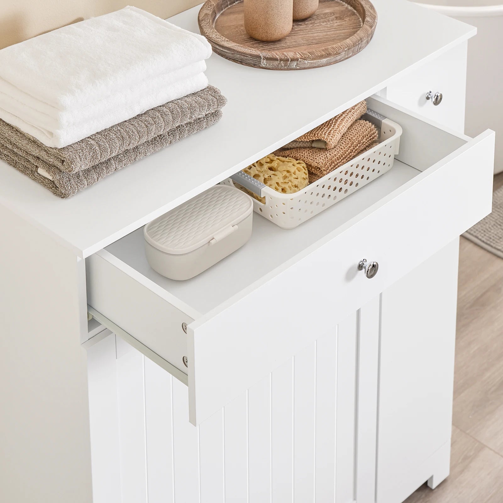 SoBuy BZR214-W Bathroom Cabinet with laundry collector, 1 drawer, 2 baskets & pull-out compartment 78x38x90cm