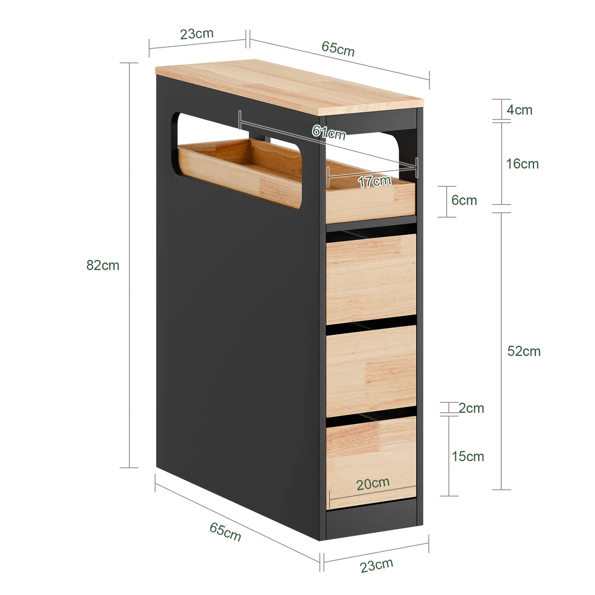 SoBuy BZR54-II-SCH bathroom wardrobe with wheels, narrow bathroom wardrobe with 3 drawers – compact wooden chest of drawers, mobile niche wardrobe for small bathrooms, toilets, and kitchens, black, 65x23x82cm