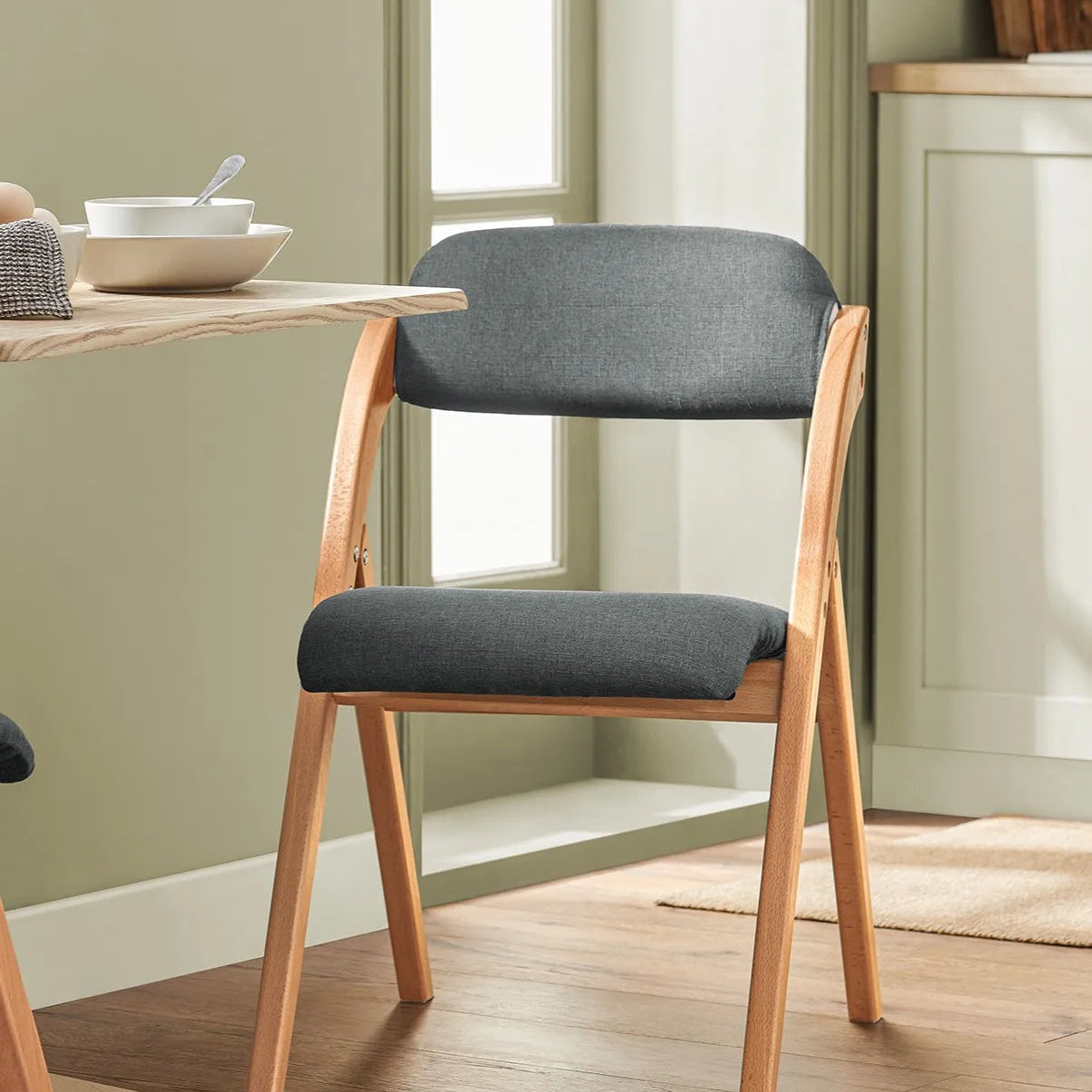 SoBuy FST92-SG Wood Upholstered Folding Chair Ergonomic kitchen Dining Room Foldable Space Saving Assembled kitchen Balcony office Dark Grey 47.5x77x59cm