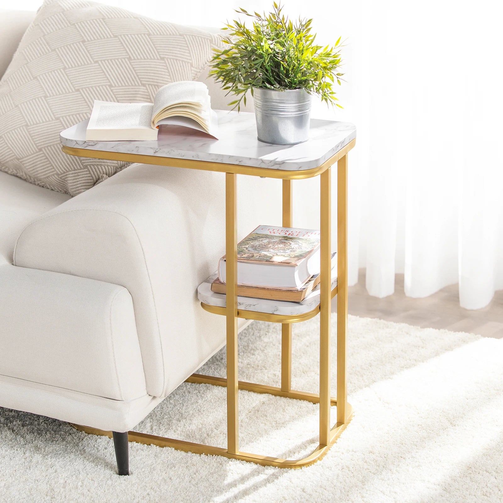 SoBuy FBT110-G side table with 2 shelves Sofa table coffee table Laptop table bed table care table with gold metal frame
