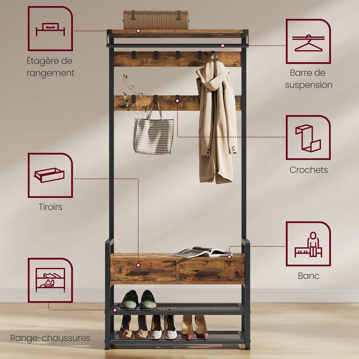 Entryway Coat Rack, with 10 Removable Hooks, 2 Drawers, Separable Design, 30 x 80.4 x 181.6 cm, Rustic Brown and Ink Black